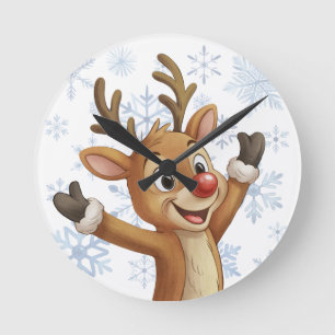 Rudolph with Blue Snowflakes  Round Clock
