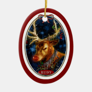 Rudy Reindeer Digital Art Red Ceramic Tree Decoration
