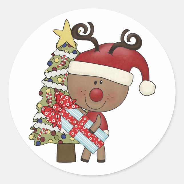 Rudy Reindeer Holiday Tree Classic Round Sticker (Front)