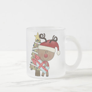 Rudy Reindeer Holiday Tree Frosted Glass Coffee Mug