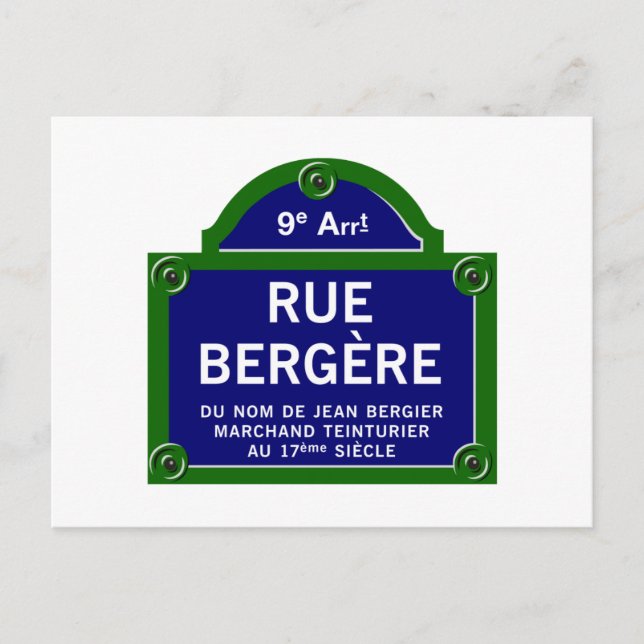 Rue Bergere, Paris Street Sign Postcard (Front)