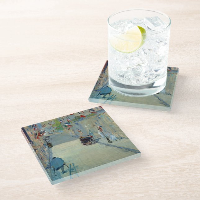Rue Mosnier with Flags Manet Fine Art Painting Glass Coaster (Angled)