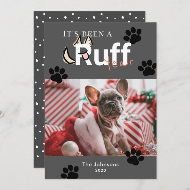Ruff Year Dark Gray Dog Photo Christmas Holiday Card (Front/Back)