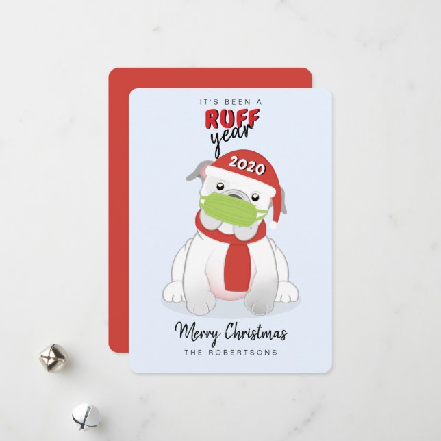 RUFF Year English Bulldog in Face Mask Holiday Card (Front/Back In Situ)