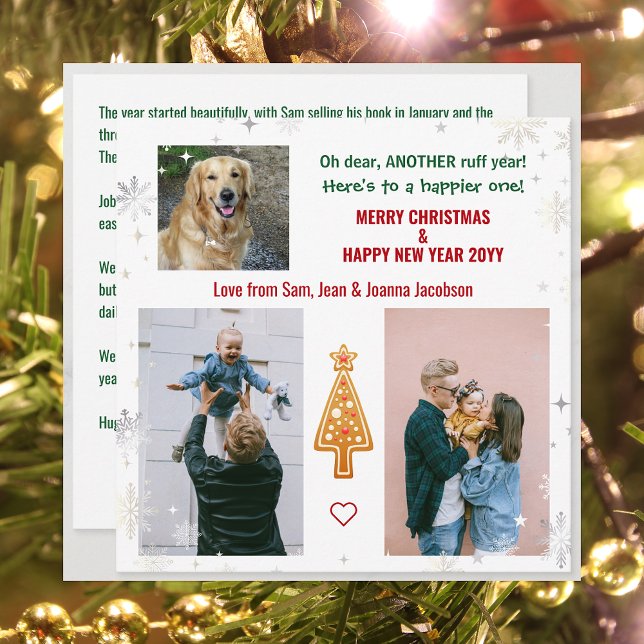 Ruff Year Funny Pet Dog Xmas Tree Letter Photos Holiday Card (Funny Dog Oh Dear Another Ruff Year 3 Photos Merry Christmas Happy New Year Cute Elegant Xmas Tree)