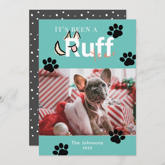 Ruff Year Turquoise Blue Dog Photo Christmas Holiday Card (Front/Back)