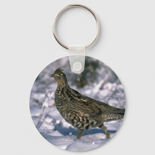 Ruffed grouse standing in snowy woods key ring (Front)