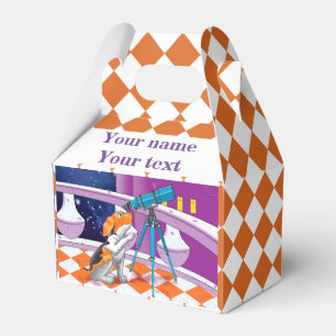 Rufous beige puppy and telescope in the castle favour box