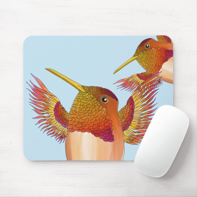 Rufous Hummingbirds on a Mouse Pad (With Mouse)