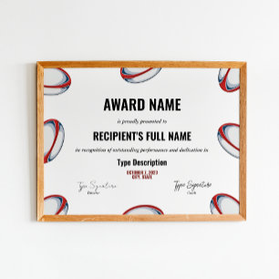 Rugby Excellence Award Certificate - Instant  Poster