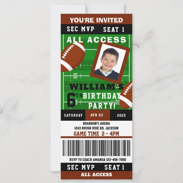 Rugby Football Ticket Photo Birthday Invitation (Front)