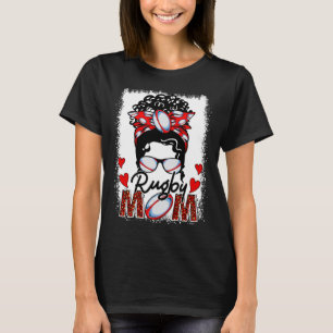 Rugby Mom Leopard Messy Bun Game Day Mother s Day T-Shirt