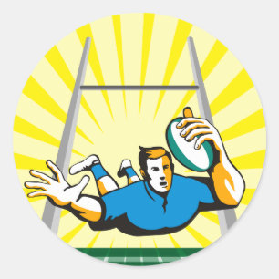 rugby player diving to score a try classic round sticker