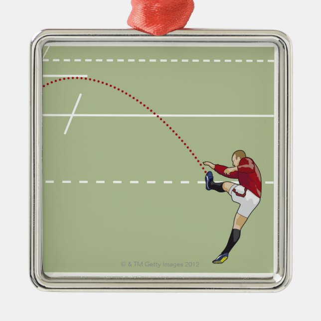 Rugby player kicking ball into touch, dotted metal tree decoration (Front)