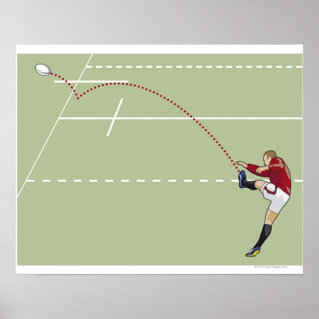 Rugby player kicking ball into touch, dotted poster (Front)