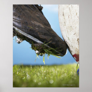 Rugby player kicking ball off tee, close up of poster