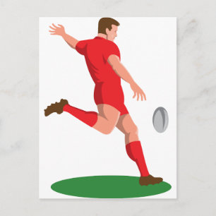 rugby player kicking ball retro postcard