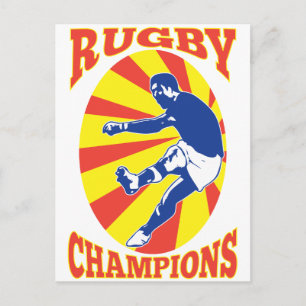rugby player kicking ball retro style postcard