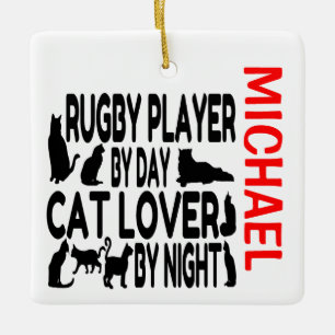 Rugby Player Loves Cats CUSTOM Ceramic Ornament