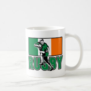 rugby player running ball fending ireland flag coffee mug