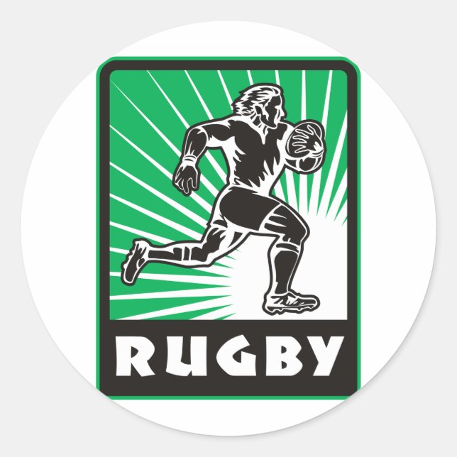 rugby player running with ball classic round sticker (Front)