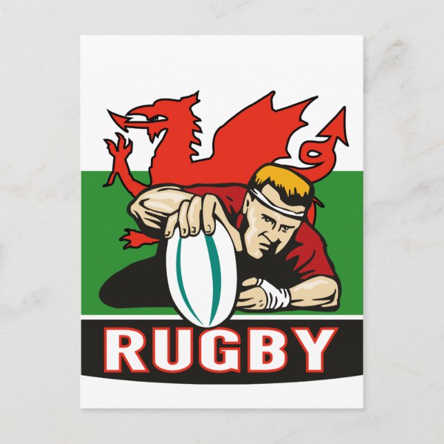 Rugby player scoring try wales flag postcard (Front)