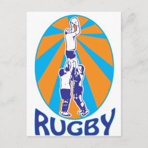 rugby players jumping catching line-out ball retro postcard