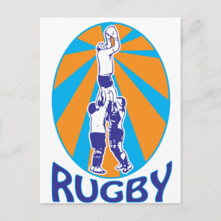 rugby players jumping catching line-out ball retro postcard