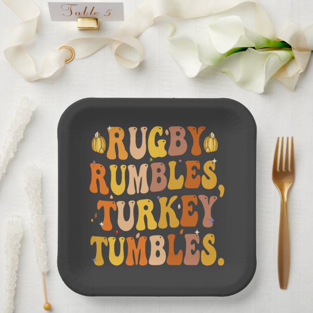 Rugby Rumbles Turkey Tumbles Funny Thanksgiving  Paper Plate (Wedding)
