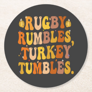 Rugby Rumbles Turkey Tumbles Funny Thanksgiving  Round Paper Coaster