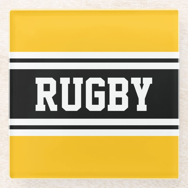 RUGBY Sporty Bright Yellow Black Racing Stripes Glass Coaster (Front)