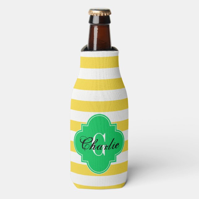 Rugby Stripe Emerald Green Bottle Cooler (Bottle Front)