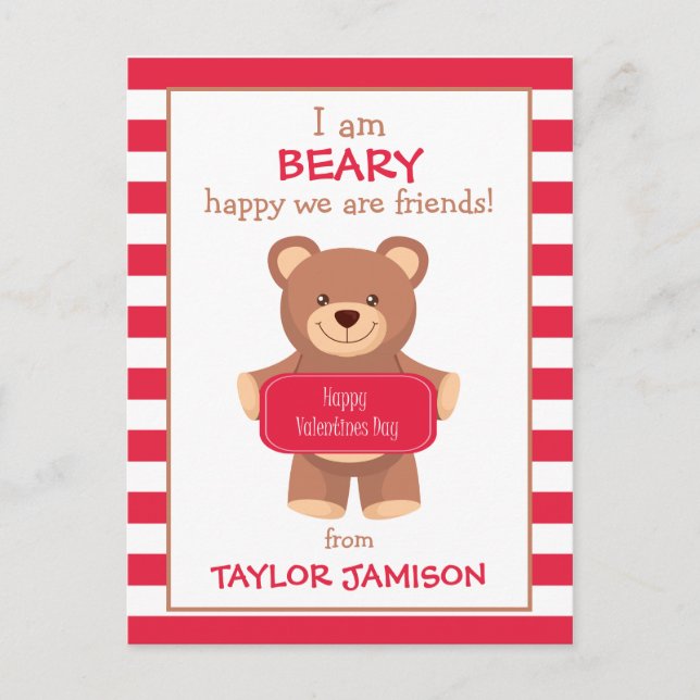 Rugby Striped Bear Personalised Valentine's Cards (Front)