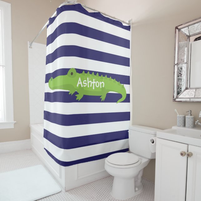 Rugby Stripes Alligator Personalise Shower Curtain (In Situ)