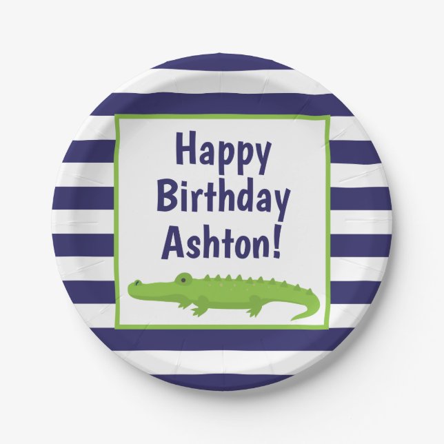 Rugby Stripes Alligator Personalised Party Plates (Front)