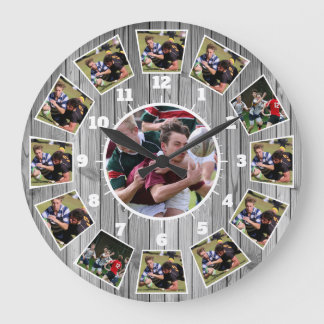 Rugby Wooden Effect Personalise Photo Collage Large Clock