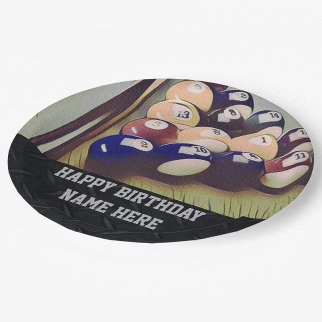 Rugged Adult Billiards Birthday Paper Plates (Angled)