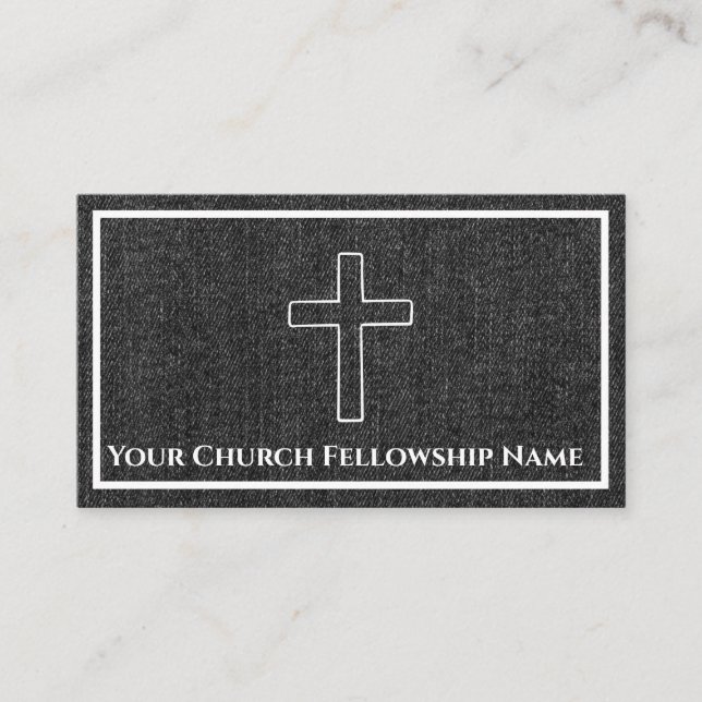 Rugged Black Denim Cross Outline Church Pastor Business Card (Front)