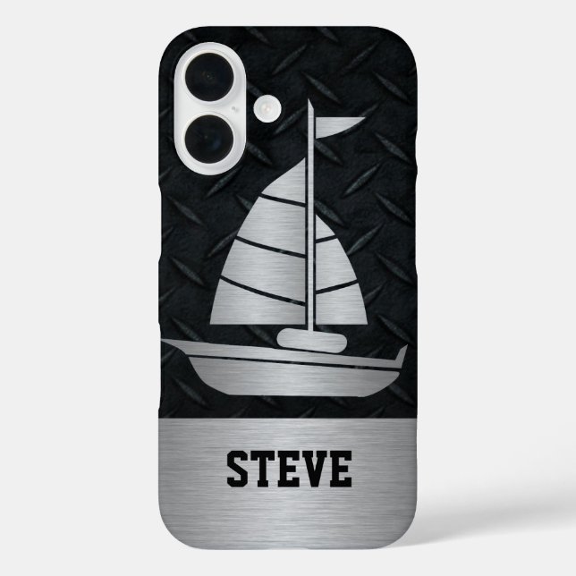Rugged Black Diamond Plate Silver Sailboat Name Case-Mate iPhone Case (Back)