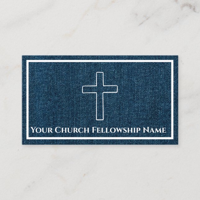 Rugged Blue Denim Cross Outline Church Pastor Business Card (Front)