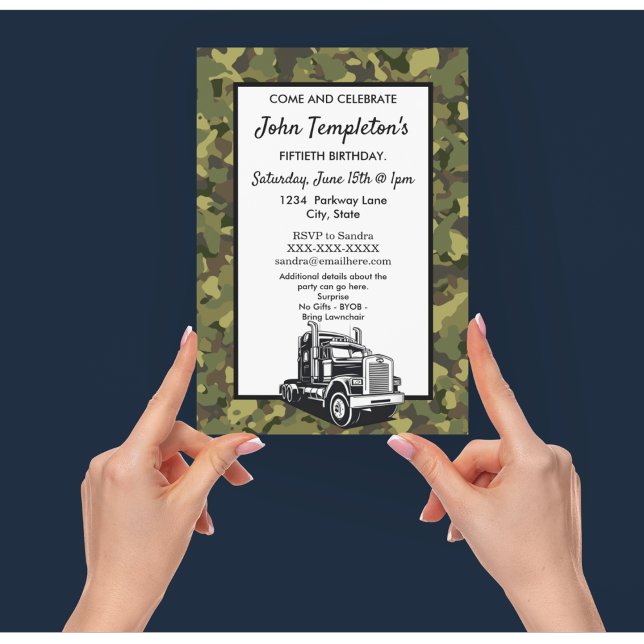 Rugged Camo Truck Driver Camo Cool Birthday Invitation (Truck driver camouflage birthday invitation. Customize for any age.)