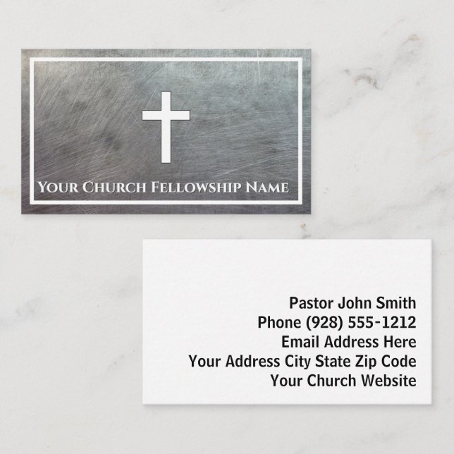 Rugged Grey Metallic Cross Outline Church Pastor Business Card (Front/Back)