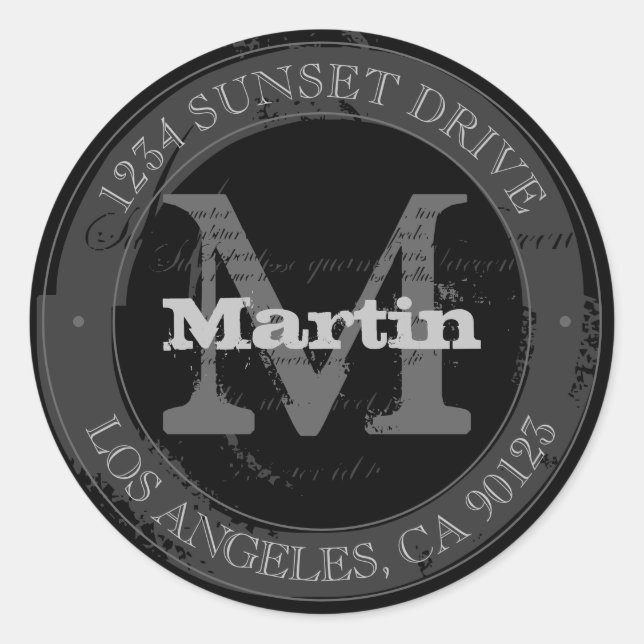 Rugged look | Black & Grey Return Address Classic Round Sticker (Front)