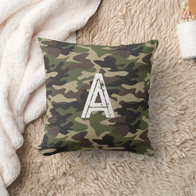 Rugged Monogram Initial Green Brown Camouflage  Cushion (Blanket)