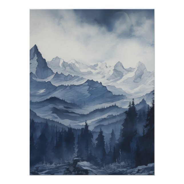 Rugged Mountains and Pines in Blues Watercolor Poster (Front)