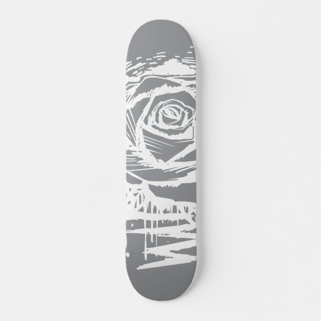 Rugged Rose Graffiti Art – White Drip Rose on Grey Skateboard (Front)