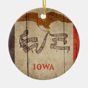 Rugged Wood Iowa Flag Ceramic Tree Decoration