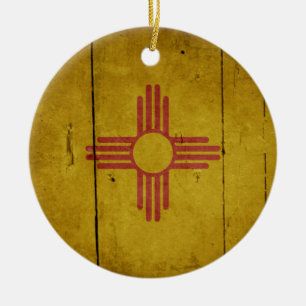 Rugged Wood New Mexico Flag Ceramic Tree Decoration