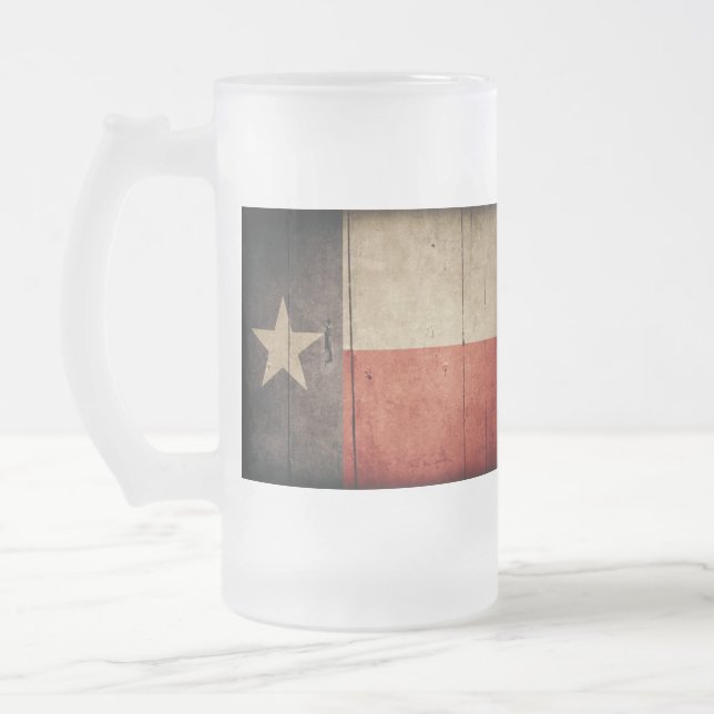 Rugged Wood Texas Flag Frosted Glass Beer Mug (Left)