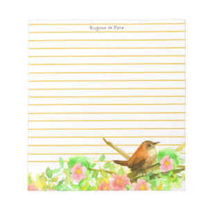 Rugosa Rose Wren Bird Lined Stationery Personalise Notepad